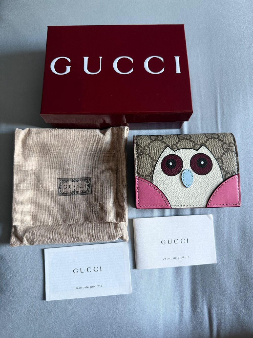 Gucci Pink Owl GG Supreme Compact Wallet